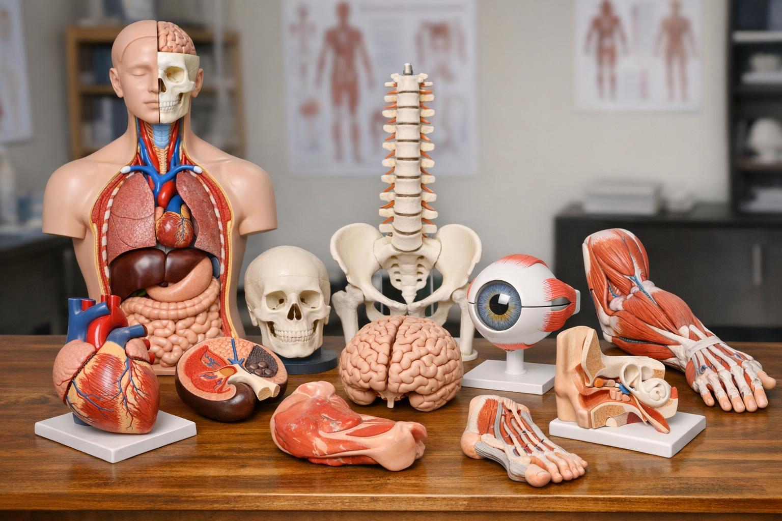 Zestaw modeli anatomicznych - różne części ciała poukładane na stole