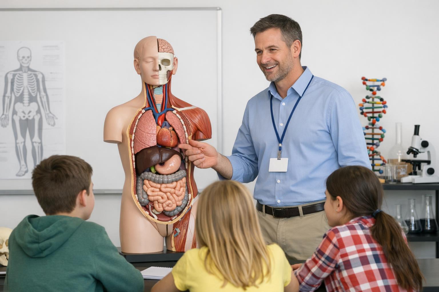 Zdjęcie nauczyciela prezentującego model anatomiczny uczniom