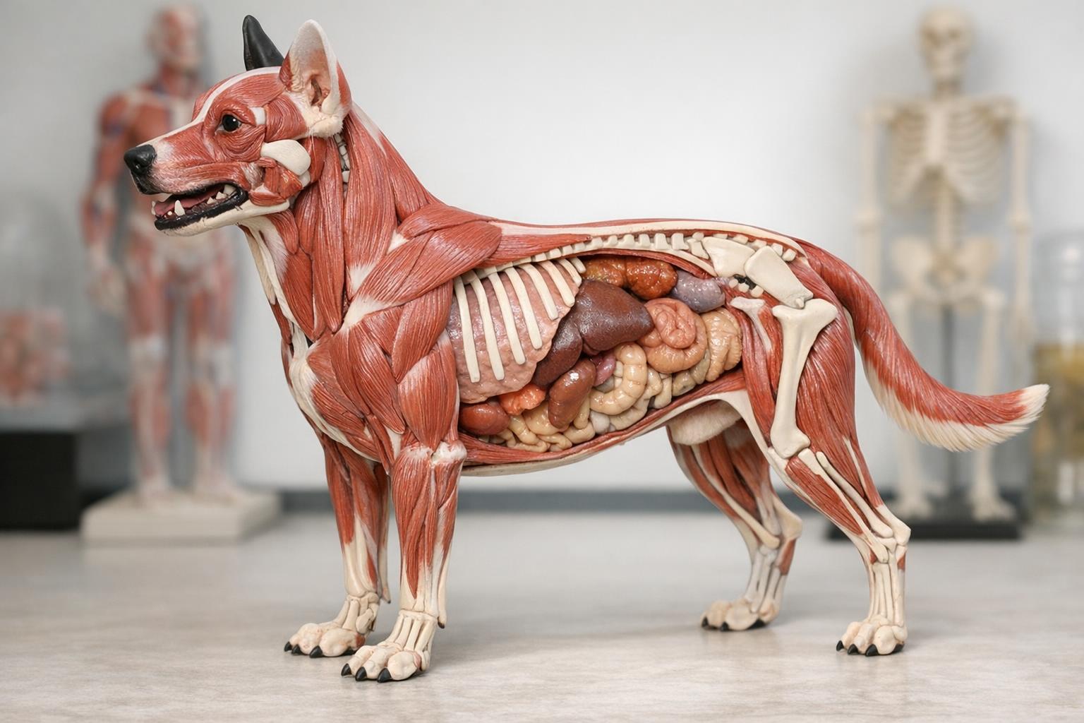 Opis zdjęcia: anatomiczny model psa z widocznymi mięśniami i narządami