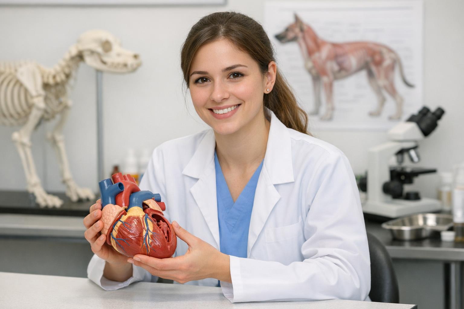 Opis zdjęcia: studentka trzymająca anatomiczny model serca psa podczas ćwiczeń